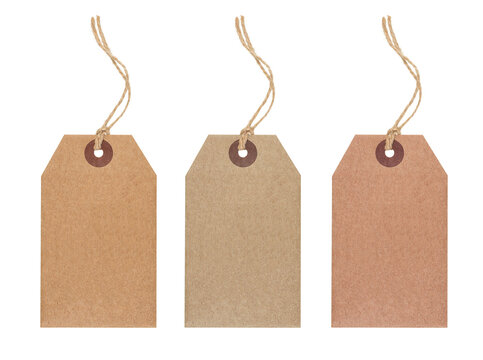 Set of three hanging blank craft paper tags isolated on transparent background