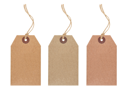 Set of three hanging blank craft paper tags isolated on transparent background