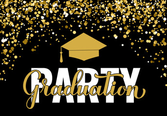 Graduation party banner. Congratulations to graduates typography poster.  Gold confetti prom decorations. Vector illustration - obrazy, fototapety, plakaty