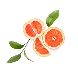 Composition with cut juicy grapefruit and plant leaves on white background