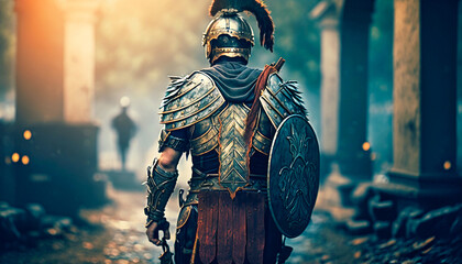 Roman legionnaire stands with his back gladiator, generative AI - obrazy, fototapety, plakaty