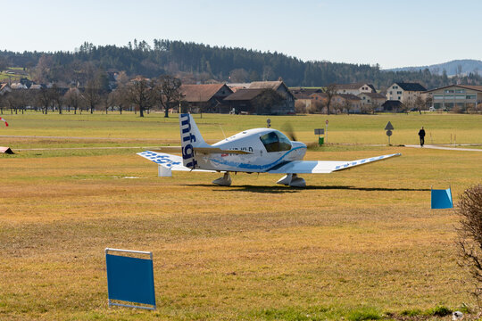Robin DR-400 airplane on a small airfield in Lommis in Switzerland 27.2.2022