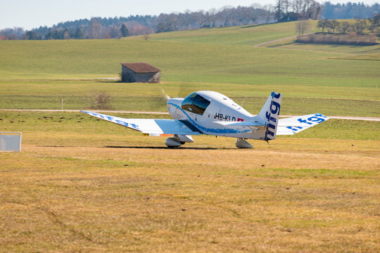Robin DR-400 airplane on a small airfield in Lommis in Switzerland 27.2.2022