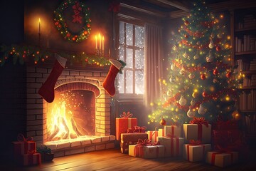 Family illustration of a Christmas tree with gifts next to a fireplace in a house. Ai generated.