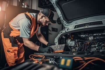 Mechanic man repairs the engine of a second-hand car. Ai generated.
