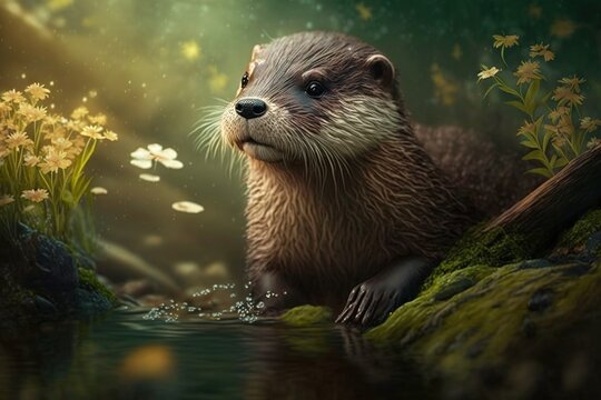 Otter in the forest. AI generated.
