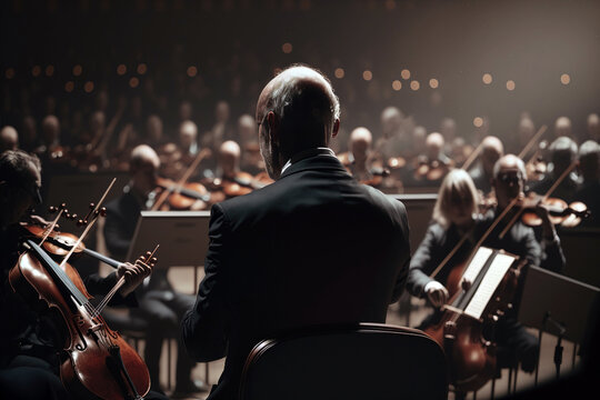 Orchestra Conductor, From Behind, During A Classical Concert. Ai Generated.