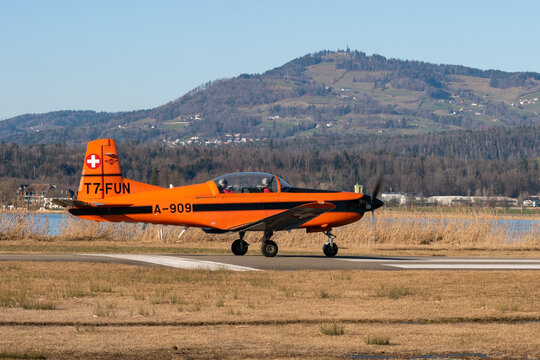 Pilatus PC-7 airplane in Wangen-Lachen in Switzerland 27.2.2022