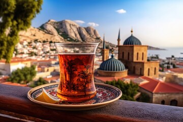 A healthy Arabic-style tea enjoyed on a Turkish-style terrace overlooking the old city. Ai generated.