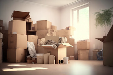 A cardboard boxes in a domestic room, full of new beginnings as home ownership is achieved through moving house. Ai generated