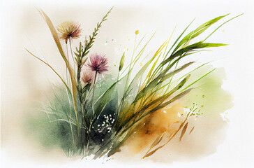 grass and flowers, botanical background, watercolor texture