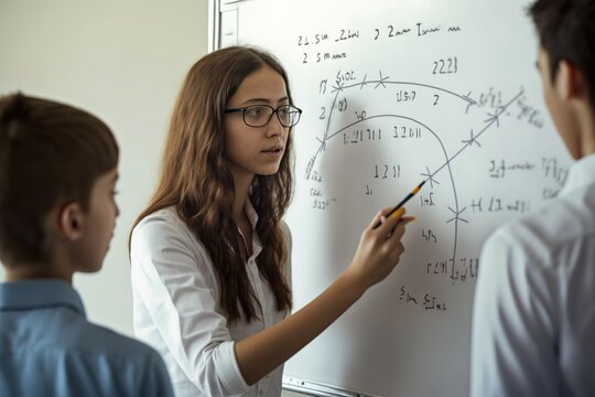 A young teacher teaches mathematics on a white board. AI generated.