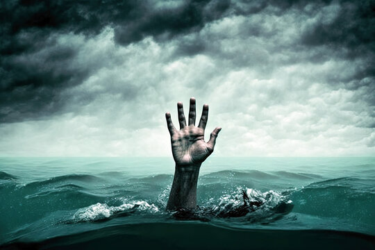 A desperate hand in the water looking for help to keep going. Ai generated.