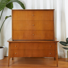 Mid-Century Modern Tall Dresser with unique brass hardware. Vintage set of drawers