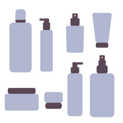 Set of beauty cosmetic products for makeup, body, hair and skin care. Blue color. Vector illustration isolated on white background. Items in bottles, tubes, jars, dispensers. Flat design