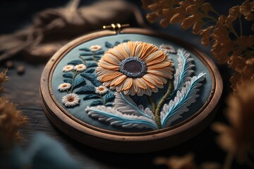 Fototapeta na wymiar Embroidery Flower in a Wooden Hoop. AI generation