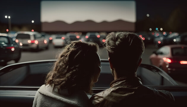 Couple in love watching a movie in a drive-in cinema theater in the evening