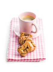 Assorted various cookies and coffee cup. Sweet biscuits isolated on white background.