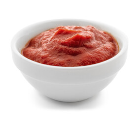 Bowl of tasty tomato paste isolated on white background