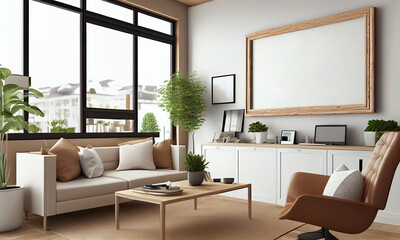 Frame mockup empty on wall in living room with sofa and houseplants. Generative AI