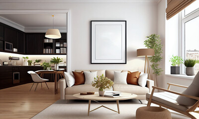 Fototapeta premium Frame mockup empty on wall in living room with sofa and houseplants. Generative AI
