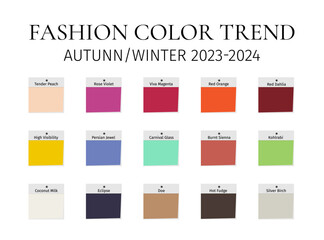 Fashion Color Trend Autumn - Winter 2023 - 2024. Trendy colors palette guide. Fabric swatches with color names. Vector template for your creative designs
