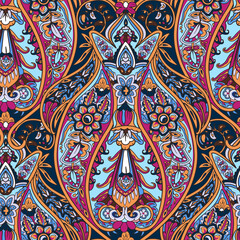 Turkish floral seamless pattern. Paisley folck vector background using boteh or buta. Fantasy decorative repeating tiles with tropical flowers and leaves. Festivale style.
