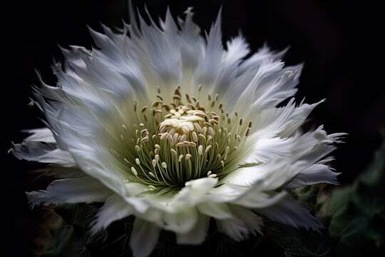 Macro shot of a big white flower head at the foot of a Dutchman's pipe at night. Generative AI