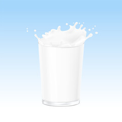 High realistic transparent glass of milk with crown splashe. Vector illustration. Easy to use for design. EPS10.