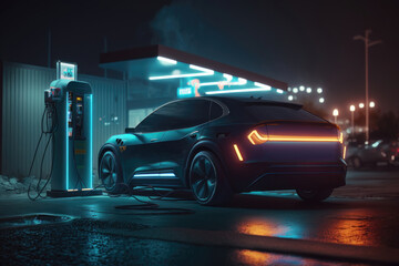 Electro car on a charging station at night. AI generation