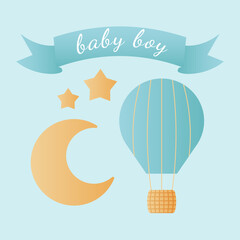 Baby shower banner with moon, stars and text Baby Boy on blue background. It s a boy.