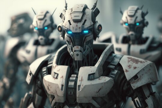Army of metal cyborg robots, selective focus. AI generated, human enhanced.