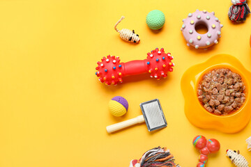 Composition with pet care accessories and bowl of wet food on color background