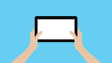 Tablet white display screen , Hands Holding tablet, flat illustration