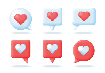 Chat bubbles with heart icons. Love messages, like notification, network client communication elements. 3d Social media post reaction concept. Vector icons illustration isolated on white background.