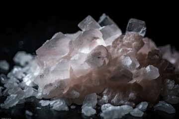 Sea salt or coarse salt macro crystals in close up, isolated on a dark background. Generative AI