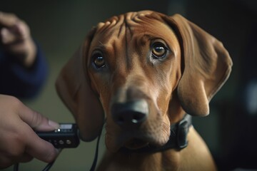 In a vet clinic, a veterinarian uses a scanner gadget to inspect the microchip implanted under the skin of a young Rhodesian ridgeback dog. up close. Generative AI