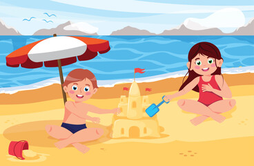 Obraz na płótnie Canvas Vector illustration of a cute boy and girl on the beach. A cartoon seascape scene with a smiling boy and girl sitting under a beach umbrella and making a sandcastle with a beach scoop and shovel.