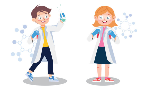 Vector illustration of cute chemist boy and girl. Cartoon scene of smiling children in white coats, glasses, medical gloves with chemical flasks, test tubes and molecules isolated on white background.