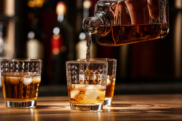 Bartender pouring tasty rum from bottle into glasses at table in bar - obrazy, fototapety, plakaty