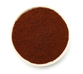 Bowl of coffee powder isolated on white background