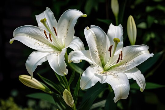 Macro image of two white blooms on a summer day. Close up garden photos of a lovely flower with white petals. Wallpaper with lilies and a green backdrop. Generative AI