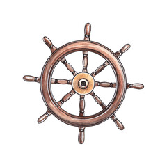 Helm isolated on a white background. Wooden marine steering wheel. Watercolor hand drawn illustration for clipart. Can be used for postcards, invitations, prints. © Tana Svoboda
