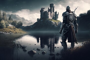  Medieval knight in a swamp landscape and looking at a ruined castle, rpg, ruin, adventure, fantasy. generative AI