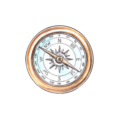 Compass isolated on white background. Watercolor hand drawn illustration vintage nautical compass. For decoration of children's parties, baby shower in a marine and pirate style.