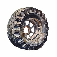 Digital watercolor illustration of an old tire with rim isolated on white background. Generative AI.