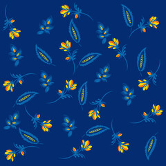 Traditional Ukrainian painting of Petrykivka. Elements of blue and yellow floral ornament. Decorative composition for the background. Repeating pattern.