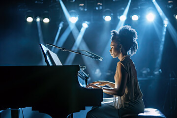 Generative Illustration AI of a black female pianist playing a grand piano on stage during a live performance - obrazy, fototapety, plakaty