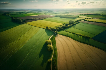 Aerial Photography Of  Green Fields With Harvest on Countryside, Drone Shot: AI Generated Image