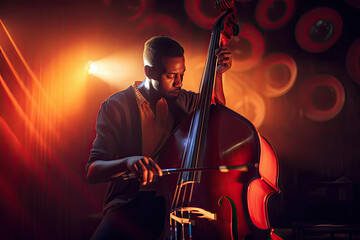 Fototapeta premium Generative AI Illustration of a black double bass player playing his double bass during a live performance at a concert illuminated by colored lights on stage